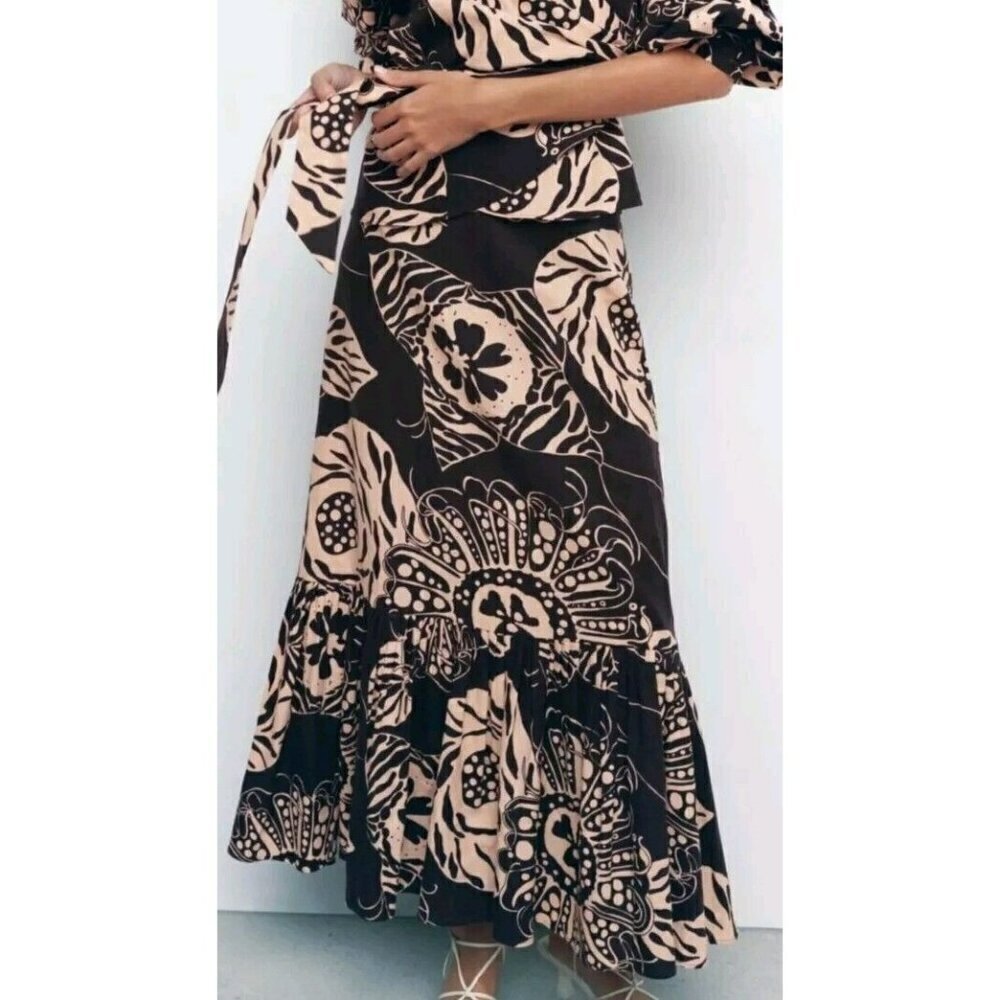 NWT ZARA WOMEN'S Linen Blend Long Printed Skirt Brown/Beige Size S 2397/142